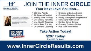JOIN THE INNER CIRCLE
www.InnerCircleResults.com
 200 Elite Agents
 All Systems Provided
 Weekly Team Training
 Live Weekly Role Play
 Live Monthly Trainings
 Inside Sales Training
 On Demand Coaching
 Checklist and Action Guides
 Complete Marketing Arsenal
 Money Making Marketing Material
 Campaigns that Convert
 Monthly Bonus Content
 Quarterly Business Review
 Plus Much Much More!
Your Next Level Solution…
$297 Today
Then $297 Per Month
Take Action Today!
 
