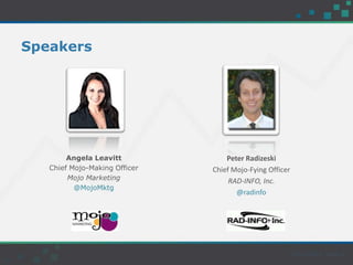 Speakers
Angela Leavitt
Chief Mojo-Making Officer
Mojo Marketing
@MojoMktg
Peter Radizeski
Chief Mojo-Fying Officer
RAD-INFO, Inc.
@radinfo
 