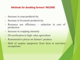 Methods for doubling farmers’ INCOME
1. Increase in crop productivity
2. Increase in livestock productivity
3. Resource us...