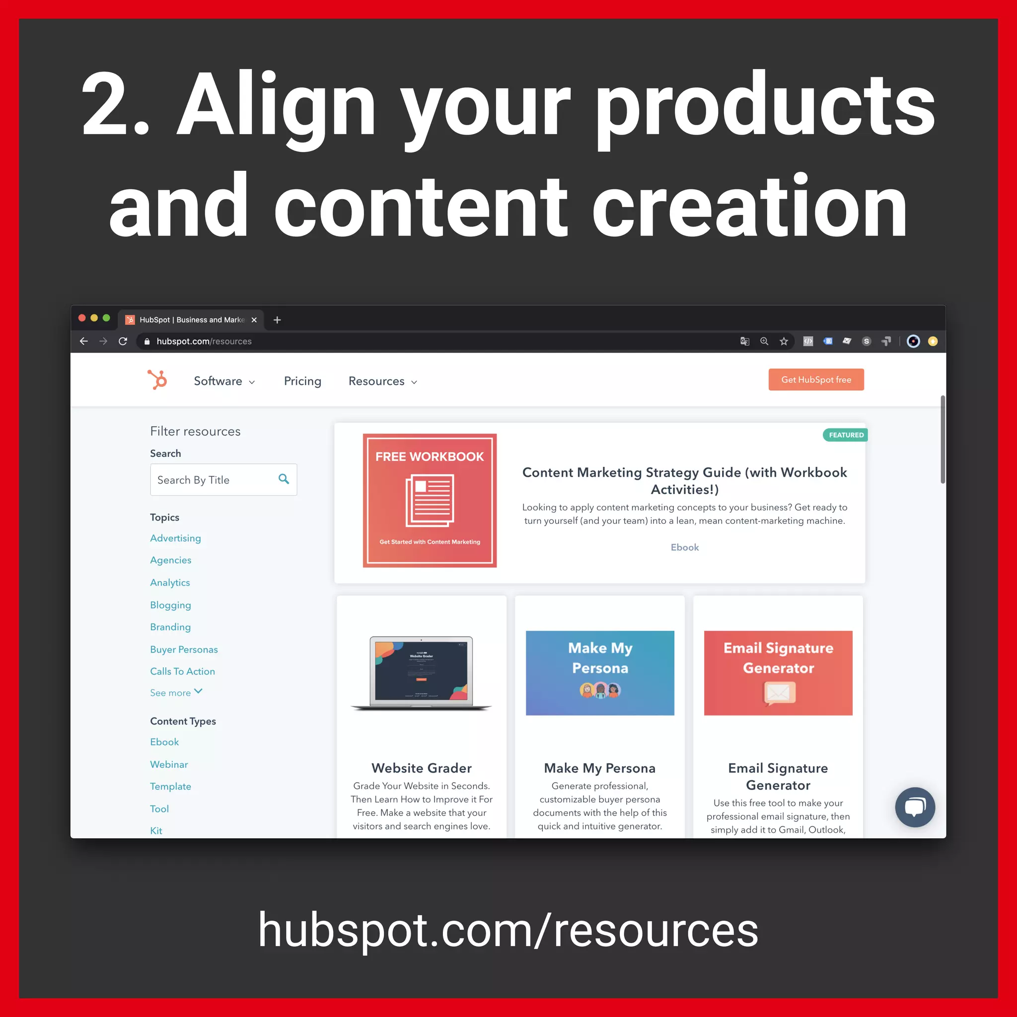2. Align your products
and content creation
hubspot.com/resources
 