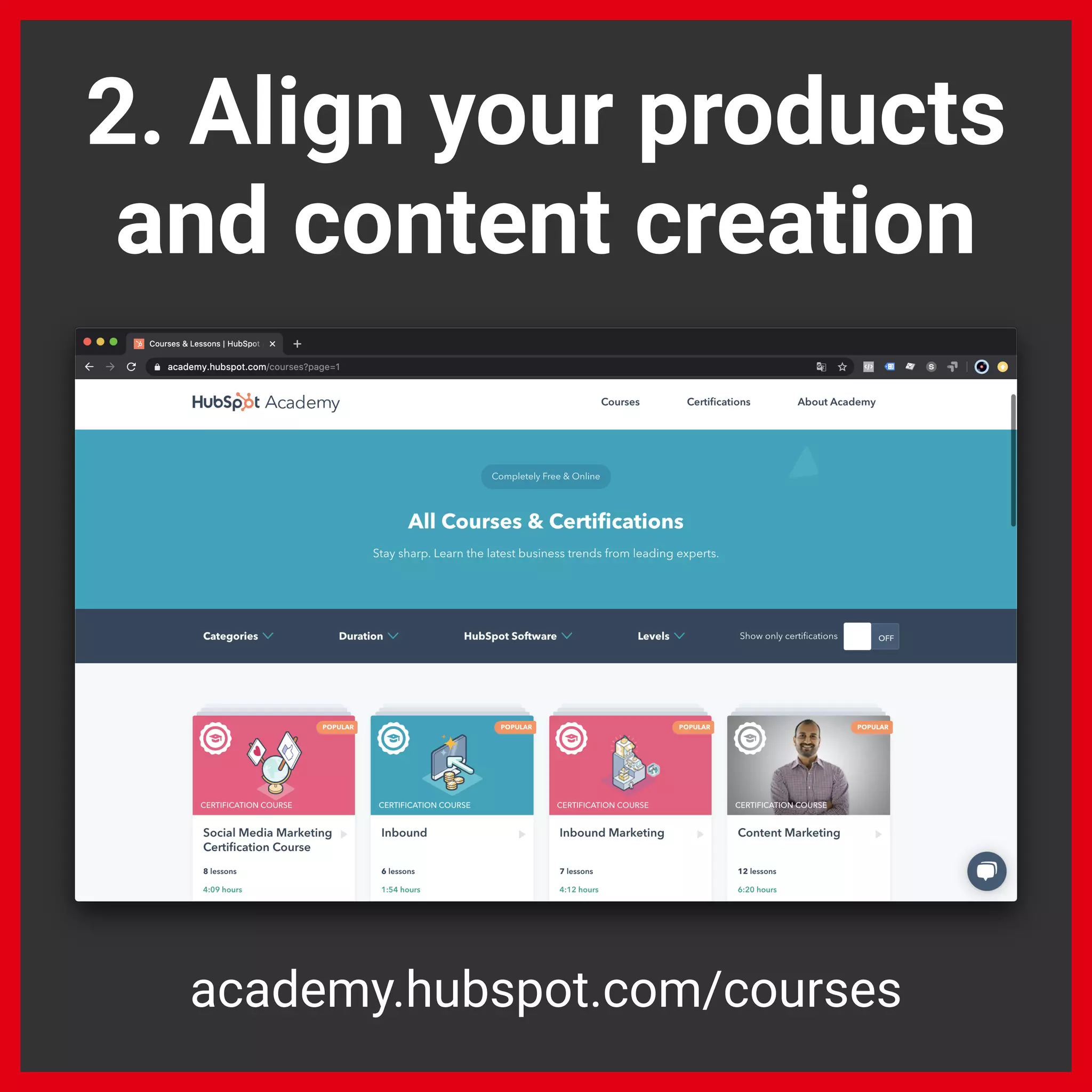 2. Align your products
and content creation
academy.hubspot.com/courses
 