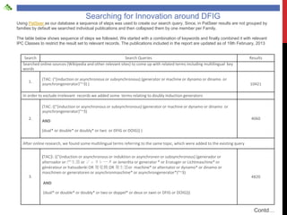 Searching for Innovation around DFIG
Using PatSeer as our database a sequence of steps was used to create our search query. Since, in PatSeer results are not grouped by
families by default we searched individual publications and then collapsed them by one member per Family.

The table below shows sequence of steps we followed. We started with a combination of keywords and finally combined it with relevant
IPC Classes to restrict the result set to relevant records. The publications included in the report are updated as of 19th February, 2013


    Search                                                  Search Queries                                                       Results
   Searched online sources (Wikipedia and other relevant sites) to come up with related terms including multilingual key
   words

             (TAC: ("(induction or asynchronous or subsynchronous) (generator or machine or dynamo or dinamo or
      1.
             asynchrongenerator)"~3) )                                                                                           10421

   In order to exclude irrelevant records we added some terms relating to doubly Induction generators

             (TAC: (("(induction or asynchronous or subsynchronous) (generator or machine or dynamo or dinamo or
             asynchrongenerator)"~3)
      2.                                                                                                                          4060
             AND

             (dual* or double* or doubly* or two or DFIG or DOIG)) )

   After online research, we found some multilingual terms referring to the same topic, which were added to the existing query


             (TAC$: (("(induction or asynchronous or induktion or asynchronen or subsynchronous) (generador or
             alternador or 产生器 or ジェネレータ or Jenerēta or generator * or Erzeuger or Lichtmaschine* or
             générateur or hatsudenki OR 発電機 OR 発生器or machine* or alternator or dynamo* or dinamo or
             maschinen or generatoren or asynchronmaschine* or asynchrongenerator*)"~3)
      3.                                                                                                                          4820
              AND

              (dual* or double* or doubly* or two or doppel* or deux or zwei or DFIG or DOIG)))



                                                                                                                                   Contd…
 