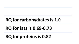 RQ for carbohydrates is 1.0
RQ for fats is 0.69-0.73
RQ for proteins is 0.82
 