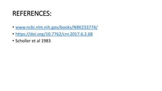 REFERENCES:
• www.ncbi.nlm.nih.gov/books/NBK233774/
• https://doi.org/10.7762/cnr.2017.6.2.68
• Scholler et al 1983
 