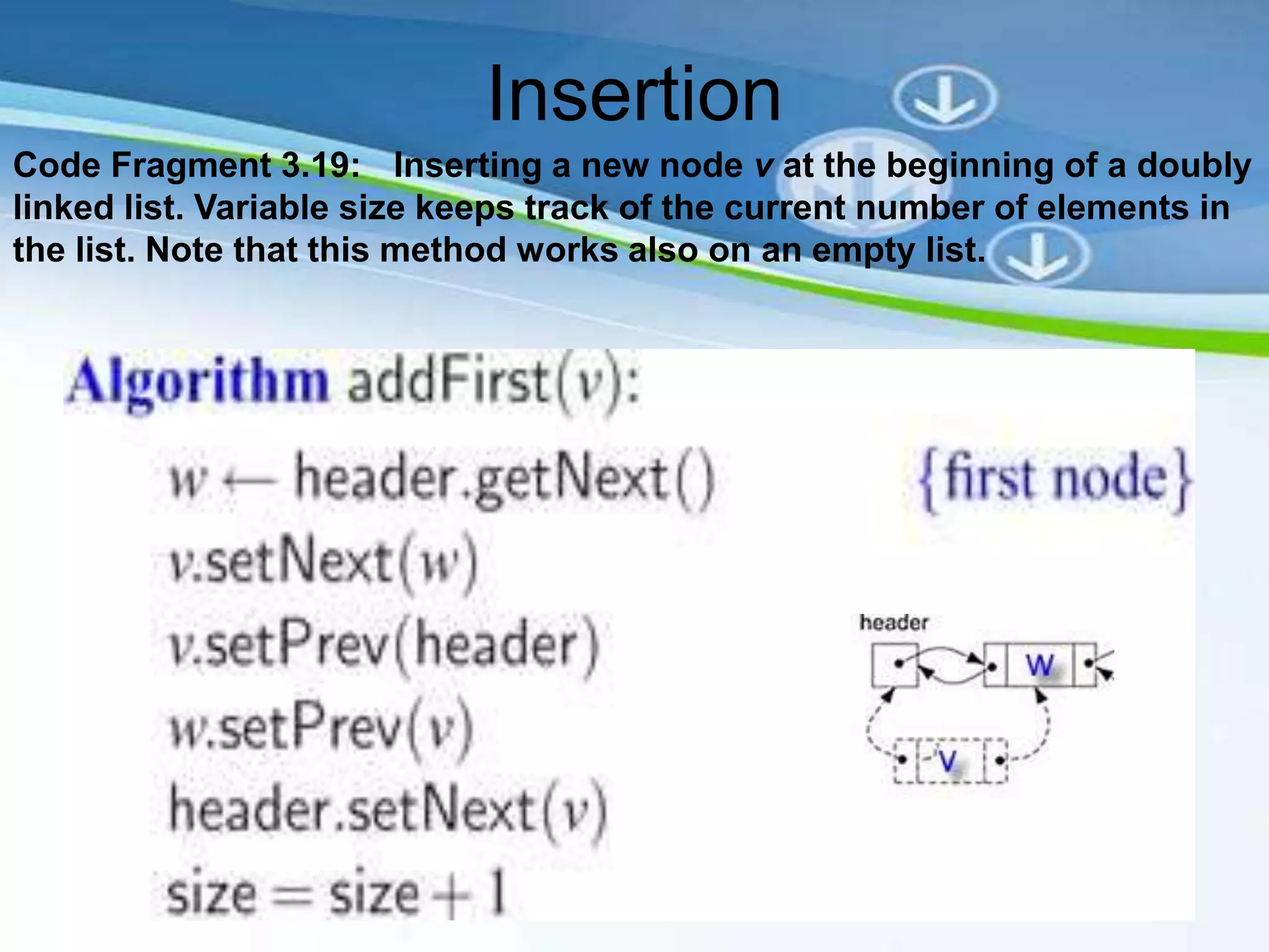Insertion
Code Fragment 3.19: Inserting a new node v at the beginning of a doubly
linked list. Variable size keeps track of the current number of elements in
the list. Note that this method works also on an empty list.
 