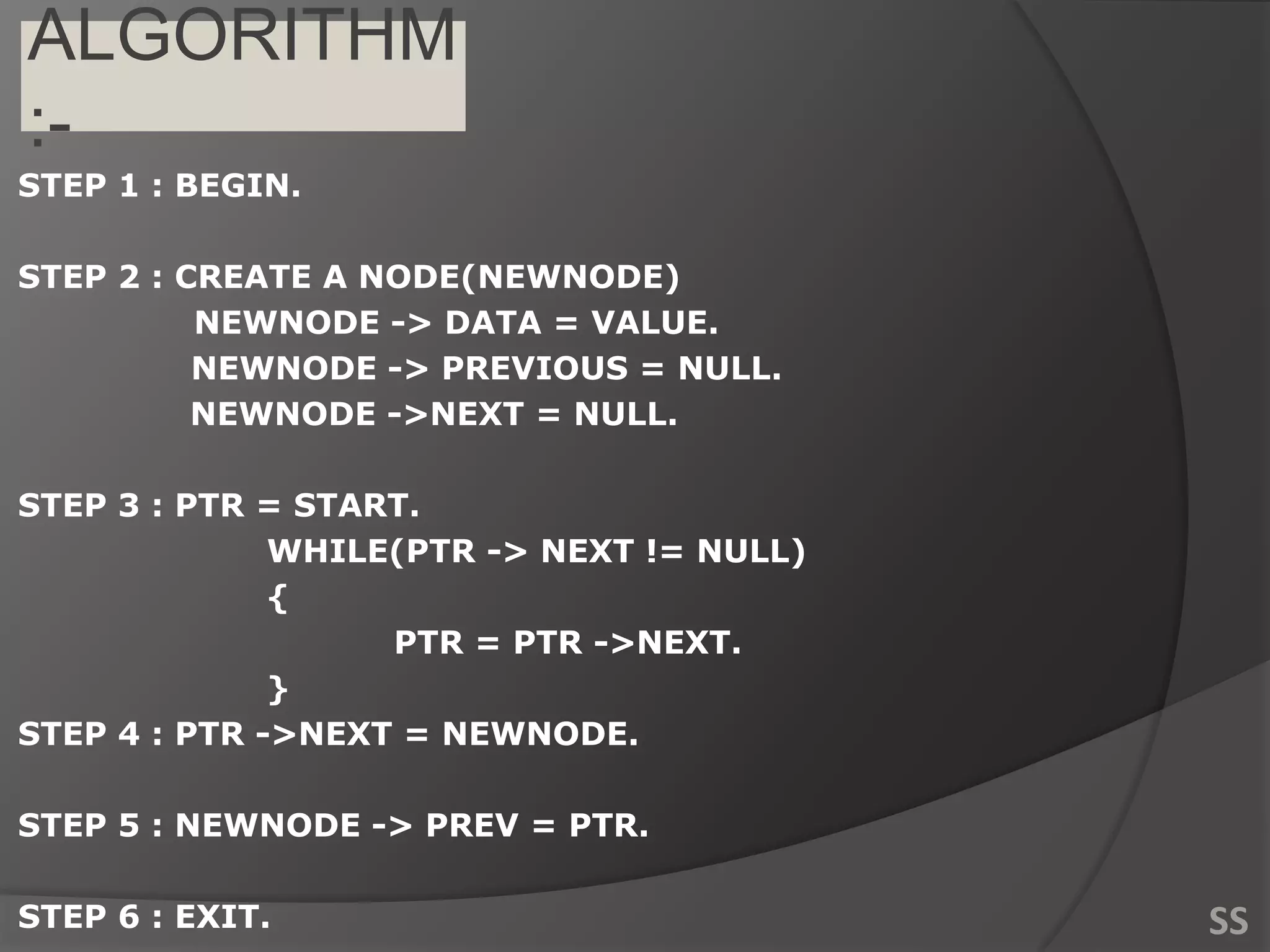 ALGORITHM
:-
STEP 1 : BEGIN.
STEP 2 : CREATE A NODE(NEWNODE)
NEWNODE -> DATA = VALUE.
NEWNODE -> PREVIOUS = NULL.
NEWNODE ->NEXT = NULL.
STEP 3 : PTR = START.
WHILE(PTR -> NEXT != NULL)
{
PTR = PTR ->NEXT.
}
STEP 4 : PTR ->NEXT = NEWNODE.
STEP 5 : NEWNODE -> PREV = PTR.
STEP 6 : EXIT. SS
 