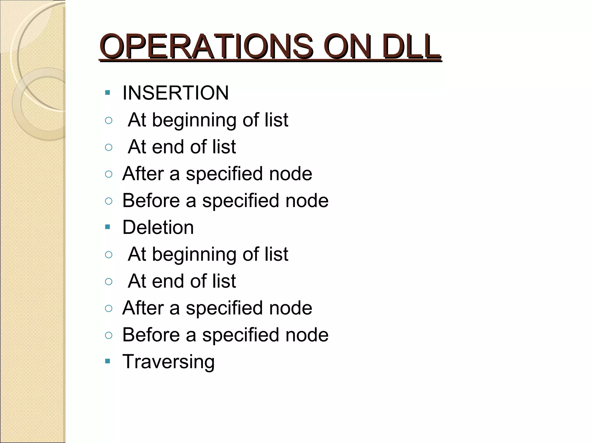 OPERATIONS ON DLL INSERTION  At beginning of list At end of list After a specified node Before a specified node Deletion At beginning of list At end of list After a specified node Before a specified node Traversing  