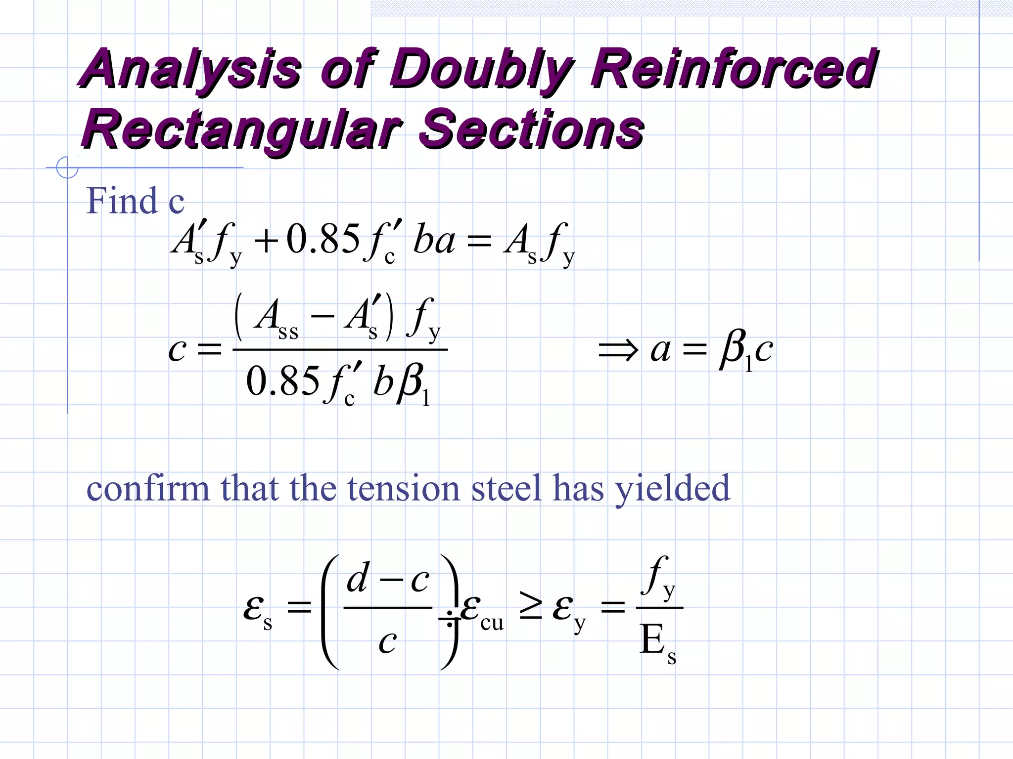 Analysis of Doubly ReinforcedAnalysis of Doubly Reinforced
Rectangular SectionsRectangular Sections
Find c
confirm that the tension steel has yielded
( )
s y c s y
ss s y
1
c 1
0.85
0.85
A f f ba A f
A A f
c a c
f b
β
β
′ ′+ =
′−
= ⇒ =
′
y
s cu y
sE
fd c
c
ε ε ε
− 
= ≥ = ÷
 
 