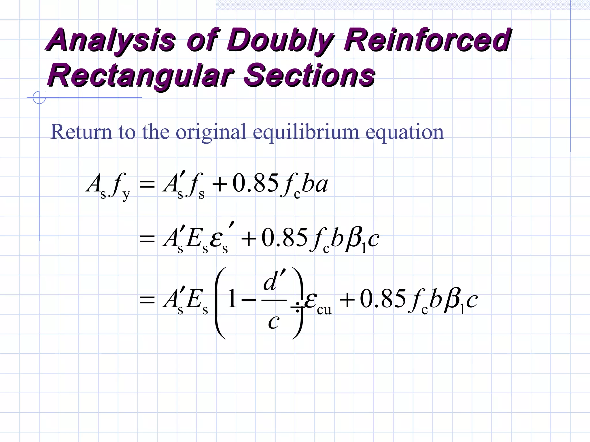 Analysis of Doubly ReinforcedAnalysis of Doubly Reinforced
Rectangular SectionsRectangular Sections
Return to the original equilibrium equation
s y s s c
s s s c 1
s s cu c 1
0.85
0.85
1 0.85
A f A f f ba
A E f b c
d
A E f b c
c
ε β
ε β
′= +
′′= +
′ ′= − + ÷
 
 
