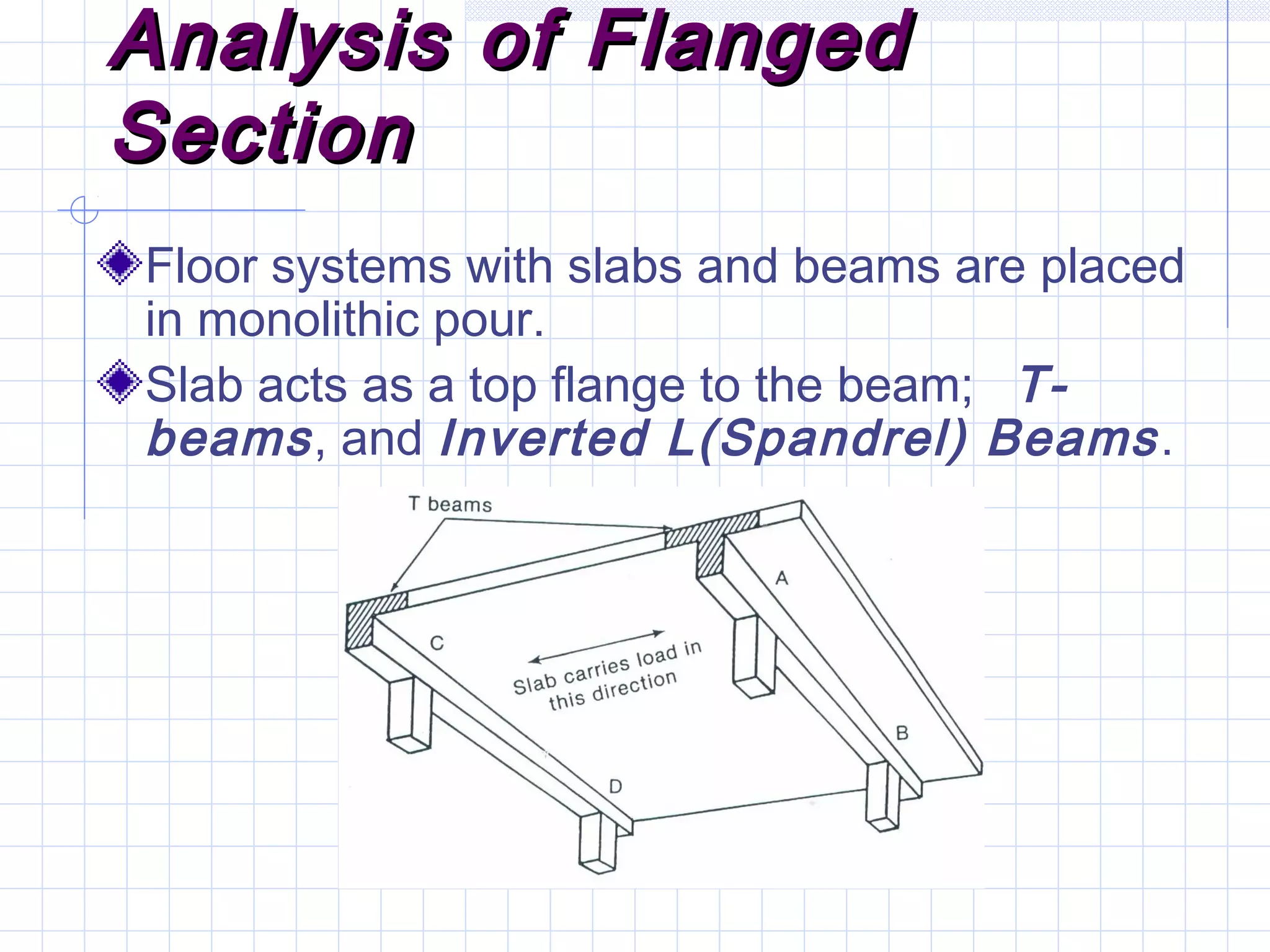 Analysis of FlangedAnalysis of Flanged
SectionSection
Floor systems with slabs and beams are placed
in monolithic pour.
Slab acts as a top flange to the beam; T-
beams, and Inverted L(Spandrel) Beams.
 
