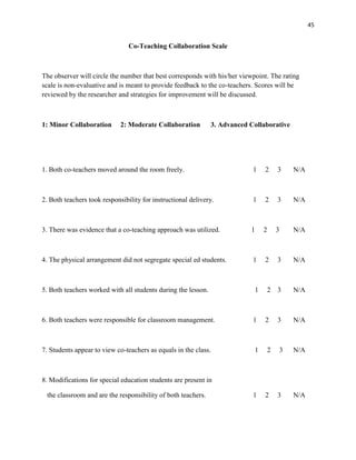 45


                                Co-Teaching Collaboration Scale



The observer will circle the number that best corresponds with his/her viewpoint. The rating
scale is non-evaluative and is meant to provide feedback to the co-teachers. Scores will be
reviewed by the researcher and strategies for improvement will be discussed.



1: Minor Collaboration       2: Moderate Collaboration         3. Advanced Collaborative




1. Both co-teachers moved around the room freely.                           1   2    3     N/A



2. Both teachers took responsibility for instructional delivery.            1   2    3     N/A



3. There was evidence that a co-teaching approach was utilized.            1    2    3     N/A



4. The physical arrangement did not segregate special ed students.          1   2    3     N/A



5. Both teachers worked with all students during the lesson.                1    2   3     N/A



6. Both teachers were responsible for classroom management.                 1   2    3     N/A



7. Students appear to view co-teachers as equals in the class.              1    2    3    N/A



8. Modifications for special education students are present in

 the classroom and are the responsibility of both teachers.                 1   2    3     N/A
 