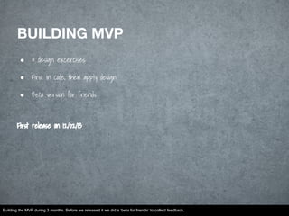 BUILDING MVP
● # design excercises
● First in code, then apply design
● Beta version for friends
First release on 12/02/13
Building the MVP during 3 months. Before we released it we did a ‘beta for friends’ to collect feedback.
 