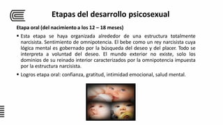 Etapa oral (del nacimiento a los 12 – 18 meses)
 Esta etapa se haya organizada alrededor de una estructura totalmente
narcisista. Sentimiento de omnipotencia. El bebe como un rey narcisista cuya
lógica mental es gobernado por la búsqueda del deseo y del placer. Todo se
interpreta a voluntad del deseo. El mundo exterior no existe, solo los
dominios de su reinado interior caracterizados por la omnipotencia impuesta
por la estructura narcisista.
 Logros etapa oral: confianza, gratitud, intimidad emocional, salud mental.
Etapas del desarrollo psicosexual
 