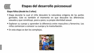 Etapa Fálica (desde los 3 años)
 Etapa durante la cual el niño descubre la naturaleza erógena de las partes
genitales. Este es también el momento en que descubre las diferencias
sexuales y que constituye, poco a poco, su propia identidad sexual.
 Exploran su cuerpo y aprenden la diferencia entre masculino y femenino. Los
niños comienzan a conocer su cuerpo y la masturbación.
 En esta etapa se dan los complejos.
Etapas del desarrollo psicosexual
 