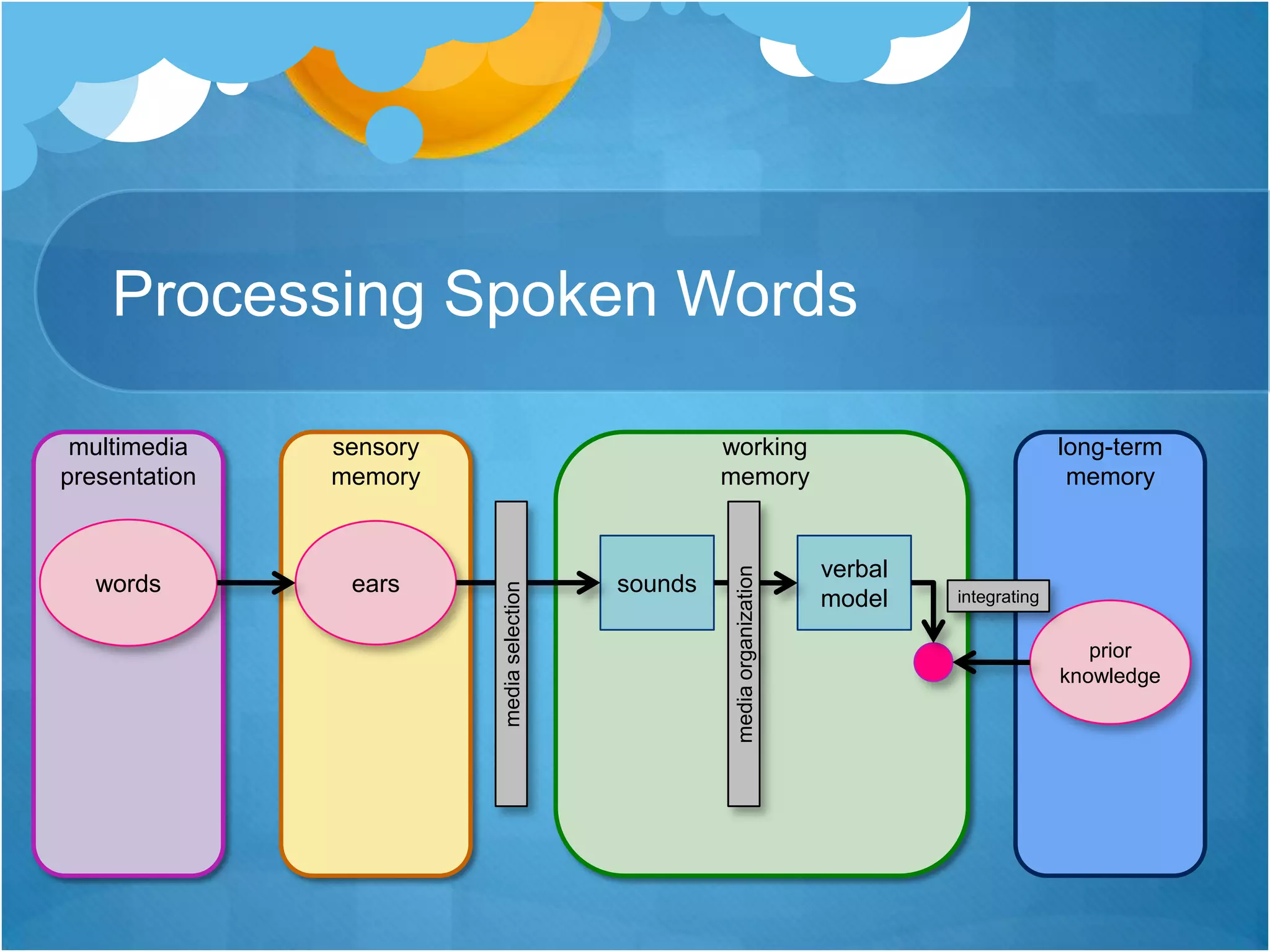Processing Spoken Wordsmultimedia presentationsensory memoryworking memorylong-term memorywordsearssoundsverbal modelintegratingprior knowledgemedia selectionmedia organization