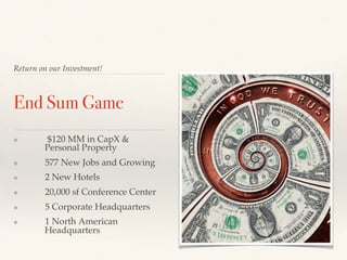 Return on our Investment!
End Sum Game!
❖  $120 MM in CapX &
Personal Property
❖  577 New Jobs and Growing
❖  2 New Hotels...