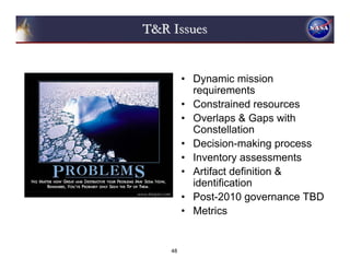 T&R Issues


         • Dynamic mission
           requirements
         • Constrained resources
         • Overlaps & Gaps with
           Constellation
         • Decision-making process
         • Inventory assessments
         • Artifact definition &
           identification
         • Post-2010 governance TBD
         • Metrics


    48
 