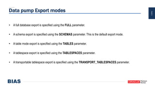 PAGE6
Data pump Export modes
• A full database export is specified using the FULL parameter.
• A schema export is specified using the SCHEMAS parameter. This is the default export mode.
• A table mode export is specified using the TABLES parameter.
• A tablespace export is specified using the TABLESPACES parameter.
• A transportable tablespace export is specified using the TRANSPORT_TABLESPACES parameter.
 