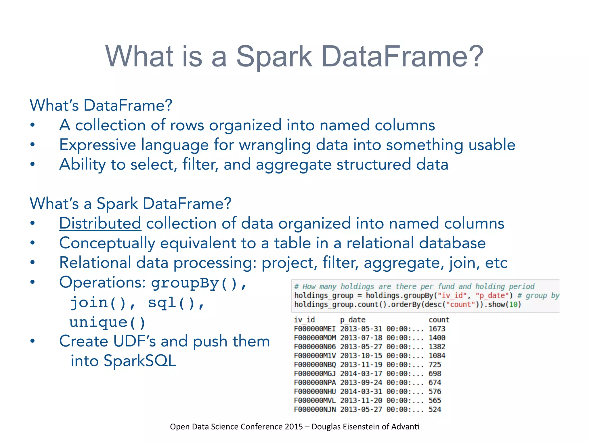 Open	
  Data	
  Science	
  Conference	
  2015	
  –	
  Douglas	
  Eisenstein	
  of	
  Advan=	
  
What is a Spark DataFrame?
What’s DataFrame?
•  A collection of rows organized into named columns
•  Expressive language for wrangling data into something usable
•  Ability to select, filter, and aggregate structured data
What’s a Spark DataFrame?
•  Distributed collection of data organized into named columns
•  Conceptually equivalent to a table in a relational database
•  Relational data processing: project, filter, aggregate, join, etc
•  Operations: groupBy(),
join(), sql(),
unique()
•  Create UDF’s and push them
into SparkSQL
 