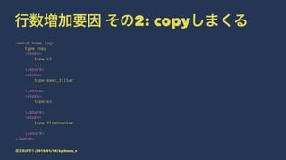 行数増加要因 その2: copyしまくる
<match hoge.log>
type copy
<store>
type s3
...
</store>
<store>
type exec_filter
...
</store>
<store>
type s3
....
</store>
<store>
type flowcounter
...
</store>
</match>
道玄坂LT祭り (2015/01/14) by @suzu_v
 