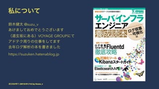 私について
鈴木健太 @suzu_v
あけましておめでとうございます
（道玄坂にある）VOYAGE GROUPにて
アドテク周りの仕事をしてます
去年ログ解析の本を書きました
https://suzuken.hatenablog.jp
道玄坂LT祭り (2015/01/14) by @suzu_v
 