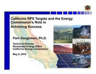 California RPS Targets and the Energy
Commission’s Role in
Achieving Success


 Pam Doughman, Ph.D.
 Technical Director
 Renewable Energy Office
 California Energy Commission

 May 6, 2010




                                        1
 