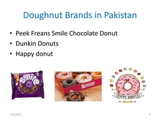 Doughnut Brands in Pakistan
• Peek Freans Smile Chocolate Donut
• Dunkin Donuts
• Happy donut
2/18/2021 4
 