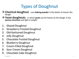 Types of Doughnut
Chemical doughnut uses baking powder in the batter to leaven the
dough.
Yeast doughnuts in which yeast use for leaven to the dough. It has
porous structure and light in weight
1. Glazed Doughnut
2. Strawberry Frosted Doughnut
3. Old-fashioned Doughnut
4. Jelly Doughnut
5. Chocolate Frosted Doughnut
6. Blueberry Doughnut
7. Cream-Filled Doughnut
8. Sour Cream Doughnut
9. Chocolate Cake Doughnut
2/18/2021 5
 