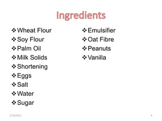 Wheat Flour
Soy Flour
Palm Oil
Milk Solids
Shortening
Eggs
Salt
Water
Sugar
Emulsifier
Oat Fibre
Peanuts
Vanilla
2/18/2021 8
 