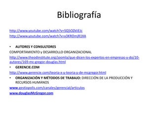 Bibliografía
http://www.youtube.com/watch?v=SQ5OZkliEJc
http://www.youtube.com/watch?v=x3KROmjR1XA
• AUTORES Y CONSULTORES
COMPORTAMIENTO y DESARROLLO ORGANIZACIONAL
http://www.theodinstitute.org/joomla/que-dicen-los-expertos-en-empresas-y-do/10autores/169-mc-gregor-douglas.html
• GERENCIE.COM
http://www.gerencie.com/teoria-x-y-teoria-y-de-mcgregor.html
• ORGANIZACIÓN Y MÉTODOS DE TRABAJO: DIRECCIÓN DE LA PRODUCCIÓN Y
RECURSOS HUMANOS
www.gestiopolis.com/canales/gerencial/articulos
www.douglasMcGregor.com

 