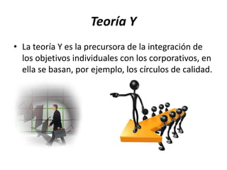Teoría Y
• La teoría Y es la precursora de la integración de
los objetivos individuales con los corporativos, en
ella se basan, por ejemplo, los círculos de calidad.

 