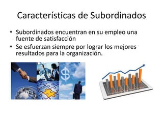 Características de Subordinados
• Subordinados encuentran en su empleo una
fuente de satisfacción
• Se esfuerzan siempre por lograr los mejores
resultados para la organización.

 
