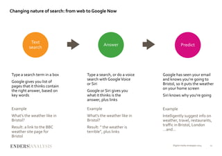 Changing nature of search: from web to Google Now
Digital media strategies 2014 11
Text
search
Type a search term in a box
Google gives you list of
pages that it thinks contain
the right answer, based on
key words
Example
What’s the weather like in
Bristol?
Result: a link to the BBC
weather site page for
Bristol
Answer
Type a search, or do a voice
search with GoogleVoice
or Siri
Google or Siri gives you
what it thinks is the
answer, plus links
Example
What’s the weather like in
Bristol?
Result: “ the weather is
terrible”, plus links
Predict
Google has seen your email
and knows you’re going to
Bristol, so it puts the weather
on your home screen
Siri knows why you’re going
Example
Intelligently suggest info on
weather, travel, restaurants,
traffic in Bristol, London
…and…
 