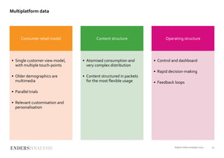 Multiplatform data
Digital media strategies 2014 19
Consumer retail model
• Single customer view model,
with multiple touch-points
• Older demographics are
multimedia
• Parallel trials
• Relevant customisation and
personalisation
Content structure
• Atomised consumption and
very complex distribution
• Content structured in packets
for the most flexible usage
Operating structure
• Control and dashboard
• Rapid decision-making
• Feedback loops
 