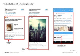 Twitter building rich advertising inventory
Digital media strategies 2014 9
[Source: Twitter]
Drive app
installs
Link
to app
Collect names and
email addresses
 