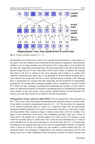 this hypothesis to be either true or false. If we consider the data format for a stego object, we
can start to view how statistics can be beneficial for the purpose of steganalysis, and determine
whether or not an image includes secret information [23]. A stego object can be divided into
two data sets, image data, and message data. The image data relates to the facts concerning the
physical image that can be seen, and usually refers to pixel values. In addition, the message
data refers to the facts in relation to the secret message, and if coded, it is usually more
randomly constructed than image data. It can agreeably be derived that the message data is
more random than image data, and this is where statistical attacks normally work. Although
there is significantly less message data than image data, the tiny proportion of changeability
generated by the message data is adequate enough to allow a steganalyst to invoke an attack
[13]. There are many techniques recognised for determining the existence of secret data by
means of statistical procedures, all directed at recognising traces of embedding for particular
stego schemes. In the next section, some common statistical attacks will be discussed. The
reasons as to why these attacks are so effective will also be presented.
Chi-squared (×2) test / pairs of values (POV) The Chi-squared Test, often referred to as
the ×2 Test, is one of the most popular and straightforward statistical attacks in existence today.
It was initially, recorded in steganalytical terms by [121, 122]. The test allows for comparison
of the statistical properties (pairs of values) of a suspicious image with the theoretically
anticipated statistical properties of its carrier correspondent such that it is achievable to figure
out the possibility that a suspicious image is indeed a stego object [30]. For example, if we
think of LSB substitution, at the time of the embedding procedure, fixed sets, of Pairs of
Values (PoV): the number of 1 s and the number of 0 s show up [45]. For instance, a pixel
which has an initial value of 2 would evolve into 3 if the bit to be embedded was a 1. If the bit
to be embedded was a 0, the pixel would stay at 2. It was this logic, that [121, 122] used whilst
developing the chi-squared attack that can be used on steganographic methods, in situations
where a fixed set of PoVs are flipped into one another to embed hidden data bits. As
mentioned above, this technique is established by the statistical examination of PoVs that
change at the time of data embedding. When the amount of pixels for which LSB has been
Fig. 14 EzStego embedding technique [121, 122]
Multimed Tools Appl (2018) 77:17333–17373 17361
 