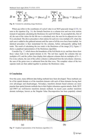 Where gi;j refers to the coordinates of a pixel value in an MxN grayscale image [125]. As
seen in the equation (Fig. 16), the formula functions in a column-wise and row-wise motion
instead of separately calculating the blockiness for each 8x8 block. To accomplish this, first of
all, the sum of the values for the 8th row is calculated; next, the sum for its adjacent row (row
9) is calculated. The above procedure is then redone for each row-wise multiple of 8, where the
each sum is added to the gathered amount until the sums of all the rows have been totalled. An
identical procedure is then instantiated for the columns, before subsequently adding both
totals. The result of calculating the two totals is the blockiness of the image [83]. Figure 17
shows a graphical representation of the blockiness algorithm.
Consider Fig. 17, which shows the boundaries of the 8x8 blocks in (a), and then shows how
those values look in the spatial domain in (b). The red lines signify the columns that are
multiples of 8, and the yellow lines display their adjacent columns that are multiples of 8 + 1.
For every column, the sum of the yellow column is subtracted from the red column. Likewise,
the sum of the green rows is subtracted from the blue rows. The complete values of the two
separate totals are then added together to produce the blockiness value.
6 Conclusion
Over the years, many different data hiding methods have been developed. These methods can
be of the spatial domain or of the transform domain with each of these domains having their
own advantages and disadvantages. Nowadays, transform domain based schemes are more
popular than spatial domain methods due to their higher robustness against attacks. Both, DCT
and DWT are well-known transform domain methods. In recent years another transform
domain technique, known as the Singular Value Decomposition has been popularly related
Fig. 16 Formula for calculating image blockiness
Fig. 17 Graphical representation of the blockiness algorithm [13]
Multimed Tools Appl (2018) 77:17333–17373 17365
 