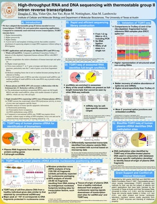 ß
High-throughput RNA and DNA sequencing with thermostable group II
intron reverse transcriptase
Douglas C. Wu, Yidan Qin, Jun Yao, Ryan M. Nottingham, Alan M. Lambowitz
Institute of Cellular and Molecular Biology and Department of Molecular Biosciences, The University of Texas at Austin
• We have adapted thermostable group II intron-encoded reverse
transcriptases (TGIRTs) for next-generation sequencing applications.
Compared to commonly used retroviral reverse transcriptases, TGIRT
enzymes have:
1. Higher thermostability
2. Higher processivity
3. Higher fidelity
4. A novel end-to-end template-switching activity that enables seamless
attachment of sequencing adapters to target RNA sequences without tailing or
RNA ligation
• TGIRT applications and advantages for Illumina RNA and DNA-seq:
1. Whole-cell total RNA. Compared to published Consortium TruSeq v3
datasets of ribo-depleted, fragmented human reference RNAs with ERCC
spike-ins:
(a) Better recapitulates the relative abundance of human transcripts and spike-
ins
(b) Higher strand-specificity
(c) Gives more uniform 5’- to 3’-gene coverages and detects more splice
junctions, particularly near the 5’ ends of genes, even from fragmented
RNAs
(d) Reduces sampling biases due to not-so-random hexamer priming that are
inherent in TruSeq
(e) Gives full-length reads of tRNAs and other structured small ncRNAs and
enables profiling of small ncRNAs in the same RNA-seq as protein-coding
and long ncRNAs
2. Human plasma and HEK-239T cell exosomes (collaboration with the
Schekman lab, UC Berkerley) cell-free (cf) RNAs:
(a) The predominant membrane-encapsulated RNA cargos are full-length
tRNAs and other small ncRNAs, along with smaller amounts of spliced
mRNAs, which can vary with cell types
3. Single-stranded DNA sequencing (ssDNA-seq) of human plasma cfDNA:
(a) TGIRT enzyme has surprisingly robust DNA polymerase activity, in terms
of error rates and sequence-specific biases
(b) Enables analysis of tissue-specific epigenetic information
(i) Nucleosome positioning
(ii) Transcription factor occupancies
(iii) DNA methylations using cfDNA
(c) Compared to conventional ssDNA-seq, TGIRT-seq requires fewer
reagents, without repair or tailing of DNA templates, lower cost and can be
constructed from small amounts of starting material in ~2 h
B) Rapid and efficient sequencing
library construction
• Higher representation of structured small
non-coding RNAs
• Better recovery of relative abundance of
spike-ins and mRNAs
• Higher strand-specificity than TruSeq v3
167 nt
0.0
0.5
1.0
1.5
2.0
2.5
0
50
100
150
200
250
300
350
400
Fragment length (nt)
TGIRT−seq
ssDNA−seq
Long(120−180nt)Short(35−80nt)
−1000
−800
−600
−400
−200
0
200
400
600
800
1000
−2
−1
0
1
2
−4
0
4
8
Position relative to CTCF binding sites (bp)
ScaledWPSs
TGIRT−seq ssDNA−seq
−120
−100
−80
−60
−40
−20
0
20
40
60
80
100
−120
−100
−80
−60
−40
−20
0
20
40
60
80
100
Position relative to center of 167−nt fragments (bp)
AA/AT/TA/TT
GG/GC/CG/CC
b
N
~340 bp
~167 bp
~145 bp
Core histone
Peripheral histone H1
Linker DNA
3’ blocker
5’
R2 RNA
R2R DNA
TGIRT
3’
5’3’
5’
3’
5’ 3’
5’
3’
5’ 3’
5’
3’
5’ 3’
5’
167 nt
0.0
0.5
1.0
1.5
2.0
2.5
0
50
100
150
200
250
300
350
400
Fragment length (nt)
%Reads
TGIRT−seq
ssDNA−seq
10.4 nt
0
1
2
3
0 100 200 300 400
Inter−nucleosome distance in cfDNA
of two individuals (bp)
%Peaks
TGIRT−seq
ssDNA−seq
180 bp
0
2
4
−720−600−480−360−240−120
0
120
240
360
480
600
720
Inter−nucleosome distance between
different male individual analyzed by
TGIRT−seq and ssDNA−seq
(bp)
Peakcount(x106
)
Testis
HEL
Spearman's ρ = 0.83
0.000
0.005
0.010
0.015
0.00 0.01 0.02 0.03 0.04
Pearson's ρ (ssDNA−seq)
Pearson'sρ(TGIRT−seq)
Abdominal
Brain
Breast/Female Reproductive
Lung
Lymphoid
Myeloid
Sarcoma
Skin
Urinary/Male Reproductive
Primary Tissue
Other
a b
c
Figure 4
•Window protection score
(WPS) analysis of long
(120-180 nt) fragments
exhibits periodicity expected
for nucleosome packaging
•WPS analysis of shorter
(35-80 nt) fragments
resulting from DNA nicking
by endogenous nucleases
footprints binding sites for
transcription factors, such
as CTCF
•TGIRT-seq of cell-free plasma DNA from a
healthy individual gives data similar to that
obtained by conventional ssDNA-seq1
•Major peak at ~167 nt corresponds to DNA
fragments protected in nucleosome cores
Supported by NIH grants GM37949 and GM37951 and
Welch Foundation Grant F-1607. Thermostable group II
intron reverse transcriptase (TGIRT) enzymes and
methods for their use are the subject of patents and
patent applications that have been licensed by the
University of Texas at Austin and East Tennessee State
University to InGex, LLC. A.M.L. and the University of
Texas are minority equity holders in InGex, LLC, and
A.M.L. and other present and former Lambowitz
laboratory members receive royalty payments from
sales of TGIRT enzymes and licensing of intellectual
property.
Neutrophils: 50%
Lymphocytes: 21%
Lungs: 10%
Adipose tissues: 9.4%
Liver: 6.6%
Heart: 1.7%
Brain: 0.67%
Small intestines: 4.8e−18%
Adrenal glands: 0%
Colon: 0%
Esophagus: 0%
Pancreas: 0%
a
b
Neturophils
Lymphocytes
Lung
Adipose
tissues
Liver
0M
50M
100M
150M
200M
0M
50M
100M150M
200M
0M
50M
100M
150M
0M
50M
100M
150M
0M
50M
100M
150M
0M
50M
100M150M
0M
50M
100M
150M
0M
50M
100M
0M
50M
100M
0M
50M
100M
0M
50M
100M
0M
50M
100M
0M
50M
100M
0M
50M
100M
0M
50M
100M
0M
50M
0M
50M
0M
50M
0M
50M
0M
50M
0M
0M
50M
chr1
chr2
chr3
chr4chr5
chr6
chr7
chr8chr9
chr10
chr11
chr12
chr13
chr14chr15chr16
chr17
chr18
chr19 chr20chr21chr22
Neutrophils
Lymphocytes
Adipose tissues
Pancreas
Adrenal glands
Lungs
Heart
Liver
Colon
Brain
Small intestines
Esophagus
Neutrophils: 50%
Lymphocytes: 21%
Lungs: 10%
Adipose tissues: 9.4%
Liver: 6.6%
Heart: 1.7%
Brain: 0.67%
Small intestines: 4.8e−18%
Adrenal glands: 0%
Colon: 0%
Esophagus: 0%
Pancreas: 0%
a
b
Neturophils
Lymphocytes
Lung
Adipose
tissues
Liver
0M
50M
100M
150M
200M
0M
50M
100M150M
200M
0M
50M
100M
150M
0M
50M
100M
150M
0M
50M
100M
150M
0M
50M
100M150M
0M
50M
100M
150M
0M
50M
100M
0M
50M
100M
0M
50M
100M
0M
50M
100M
0M
50M
100M
0M
50M
100M
0M
50M
100M
0M
50M
100M
0M
50M
0M
50M
0M
50M
0M
50M
0M
50M
0M
0M
50M
chr1
chr2
chr3
chr4chr5
chr6
chr7
chr8chr9
chr10
chr11
chr12
chr13
chr14chr15chr16
chr17
chr18
chr19 chr20chr21chr22
Neutrophils
Lymphocytes
Adipose tissues
Pancreas
Adrenal glands
Lungs
Heart
Liver
Colon
Brain
Small intestines
Esophagus
• DNA methylation sites identified by
TGIRT-seq of bisulfite-treated plasma
DNA used in conjunction with databases
of tissue specific methylation densities1
to identify tissue-of-origin of plasma DNA
fragments
Cell Exo Cell Exo
HEK293T
100,000Xg
Pellet
Resuspend
60% sucrose
20%
40%
60%
150,000Xg
1,500Xg
10,000Xg
Supernatant
Wash Pellet
120,000Xg
TGIRT-seq
Media
anti-CD63
beads
A B
D
E
C
100
101
102
103
104
105
106
100
101
102
103
104
105
106
WT / mRNAs
Whole cell (Fragmented)
Exosomes
r = 0.64
5’ TOP mRNAs
aaRS mRNAs
Other mRNAs
7SK (88)
18/28S
rRNA (2)
5/5.8S
rRNA (2)
Antisense (868)
lincRNA (1,332)
sncRNA
(2,221)
Mt (37)
Other lncRNA (349)
Protein coding (10,767)
Pseudogene (1.358)
Y RNA (689)
Other sncRNA (4)
7SL (325)
miRNA (263)
snoRNA (285)
snRNA (510)
tRNA
(53)
Vault RNA (4)
EVs
Cells
RNaseI
RNaseI+TX-100100Kpellet
MIF
RPS2
RPS17
334 bp
489 bp
1,000
500
300
500
200
100
500
300
200
347 bp
EEF1A1
EEF2
HSP90AA1
NPM1
RPS6
ENO1
RPS4X
PRKDC
NUCKS1
EEF1G
RPL4
PARP1
HNRNPU
HSP90AB1
HSPA1B
TUBB
TUBA1B
DDX17
DYNC1H1
RPL5
CANX
HIST1H1C
RPSA
SERBP1
HIST1H1E
HSPD1
ACTB
IRS4
SCD
LDHB
PRPF8
AMOT
ACTG1
HSPA1A
PLS3
HUWE1
EIF4G2
HNRNPA2B1
RPS18
HNRNPK
YBX1
RPS2
SET
NCL
RPL3
RPS17
CLTC
KPNB1
PTMA
RPL13
4
8
12
EEF1A1
RPL5
H3F3A
RPL39
RPS14
HSP90AA1
RPS6
NCL
NPM1
SERBP1
B4GALNT2
HIST1H1E
RPS2
RPL12
RPS17
RPL11
ACTB
RPL7
RPL6
YBX1
EEF2
ANP32B
NET1
RPL14
RPL23
RAB13
RPS3A
ATP5B
ENO1
HIST2H4B
RPL27
RPL37A
MTRNR2L12
RPS3
HIST3H2A
RPLP1
RPS18
HIST2H2AA4
RPS19
RPS11
ATAD5
PARP1
PTMA
RPSA
HIST2H2AA3
HIST1H2AG
HIST1H2BK
RPS7
RPS4X
EIF3A
peer-reviewed) is the author/funder. All rights reserved. No reuse allowed without permission.
The copyright holder for this preprint (which was not.http://dx.doi.org/10.1101/160556doi:bioRxiv preprint first posted online Jul. 7, 2017;
• From 1-2 ng
RNA in <5 h,
including PCR
• No RNA
ligation
• RNAs of all
sizes in a
single run
C) Validation of TGIRT-seq
D) TGIRT-seq of exosomal RNA
identifies full-length sncRNAs
E) TGIRT-seq of human plasma cfRNA for
identification of biomarkers
F) TGIRT-seq of human plasma cfDNA enables nucleosome positioning analysis
G) Bisulfite-TGIRT-seq of human
plasma cfDNA identifies DNA
methylation sites
A) Introduction
Shurtleff, Yao et al. A broad role for YBX1 in defining
the small non-coding RNA composition of
exosomes. PNAS 2017
Qin, Yao et al. High-throughput sequencing of human plasma RNA by using
thermostable group II intron reverse transcriptases. RNA 2016
1. SEQC/MAQC-III Consortium. Nat Biotech. 2014
Nottingham, Wu et al. RNA-seq of human reference RNA samples using a
thermostable group II intron reverse transcriptase. RNA 2016
Qin, Yao et al. High-throughput sequencing of human plasma RNA by
using thermostable group II intron reverse transcriptases. RNA 2016
Collaboration with Flavia Pichiorri (City of Hope) and Craig Hofmeister
(Ohio State)
Grant Support and Conflict-of-
interest Statement
1. Sun et al. PNAS 2015
Wu and Lambowitz. Facile single-stranded DNA sequencing of human plasma DNA via
thermostable group II intron reverse transcriptase template switching. Scientific Reports
2017
the three methods was similar with TGIRT-seq having a
roughly twofold lower limit of detection when compared to
the TruSeq libraries at a threshold of 1 FPKM (fragments
per kilobase per million mapped reads). TruSeq v2 libraries
had a slightly higher number of detected spike-in species,
likely due to their greater sequencing depth (Supplemental
Table S1).
Second, each of the 92 polyadenylated ERCC spike-in tran-
scripts is grouped into one of four classes (0.5:1, 0.67:1, 1:1,
4:1) according to the relative abundance of the spike-in be-
tweenMix 1(Sample A)and Mix 2(Sample B).TGIRT-seq re-
capitulated these differences in abundance better than the
strand-specific TruSeq v3 method and almost as well as the
non-strand-specific TruSeq v2 method (Fig. 3B). For
TGIRT-seq and TruSeq v2, empirical fold-change ratios
were more highly correlated with their expected values for
abundant spike-ins (those to the right of each panel), as previ-
ously observed for TruSeq v2 (SEQC/MAQC-III Consortium
2014), whereas empirical fold-change ratios were poorly cor-
related with their expected values for TruSeq v3 (Fig. 3B).
Third, the mixing of Samples A and B to constitute
Samples C and D defines an expected order of dilution of
the human reference set RNAs. For both TGIRT-seq and
TruSeq v3 (Samples C and D were not analyzed by TruSeq
v2 in the ABRF study), most protein-coding gene transcripts
followed a consistent titration order, with those following in-
consistent order corresponding to transcripts with small fold
changes between Samples A and B (Fig. 4A). For both meth-
ods, there was also a slight bias toward inconsistent titration
order for transcripts higher in B than in A (tail on right side of
the red peak).
More detailed analysis of protein-coding gene transcripts
detected by TGIRT-seq and TruSeq v3 in Samples A–D
(Fig. 4B) revealed that both protocols performed similarly
in recovering the known mixing ratios between samples.
The TGIRT-seq libraries had an observed mixing ratio
FIGURE 2. TGIRT-seq reads map mostly to protein-coding genes but with greater representation of small ncRNAs than TruSeq libraries. (A) Stacked
bar graphs showing the percentage of uniquely mapped reads for each class of annotated genomic features in Ensembl GRCh38 release 76, Genomic
tRNA Database, and piRNABank (Qin et al. 2016) for different library preparation methods for numbered replicates of Samples A–D. (B) Stacked bar
graphs showing the percentage of small noncoding RNA reads that map to different classes of small ncRNAs for different library preparation methods
for numbered replicates of Samples A–D. MiscRNA includes ribozymes, such as RNase P RNA, imprinted transcripts, such as Xist, and other tran-
scripts that cannot be classified into other RNA annotation categories. (Left panels) TGIRT-seq; (middle panels) TruSeq v2 (from ABRF at three dif-
ferent sites, L/R/V); (right panels) TruSeq v3 (from ABRF at site W). Features and small ncRNA classes are color coded as indicated to the right of the
bar graphs.
Nottingham et al.
6 RNA, Vol. 22, No. 4
Cold Spring Harbor Laboratory Presson January 29, 2016 - Published byrnajournal.cshlp.orgDownloaded from
the three methods was similar with TGIRT-seq having a
roughly twofold lower limit of detection when compared to
the TruSeq libraries at a threshold of 1 FPKM (fragments
per kilobase per million mapped reads). TruSeq v2 libraries
had a slightly higher number of detected spike-in species,
likely due to their greater sequencing depth (Supplemental
Table S1).
Second, each of the 92 polyadenylated ERCC spike-in tran-
scripts is grouped into one of four classes (0.5:1, 0.67:1, 1:1,
4:1) according to the relative abundance of the spike-in be-
tweenMix 1(Sample A)and Mix 2(Sample B).TGIRT-seq re-
capitulated these differences in abundance better than the
strand-specific TruSeq v3 method and almost as well as the
non-strand-specific TruSeq v2 method (Fig. 3B). For
TGIRT-seq and TruSeq v2, empirical fold-change ratios
were more highly correlated with their expected values for
abundant spike-ins (those to the right of each panel), as previ-
ously observed for TruSeq v2 (SEQC/MAQC-III Consortium
2014), whereas empirical fold-change ratios were poorly cor-
related with their expected values for TruSeq v3 (Fig. 3B).
Third, the mixing of Samples A and B to constitute
Samples C and D defines an expected order of dilution of
the human reference set RNAs. For both TGIRT-seq and
TruSeq v3 (Samples C and D were not analyzed by TruSeq
v2 in the ABRF study), most protein-coding gene transcripts
followed a consistent titration order, with those following in-
consistent order corresponding to transcripts with small fold
changes between Samples A and B (Fig. 4A). For both meth-
ods, there was also a slight bias toward inconsistent titration
order for transcripts higher in B than in A (tail on right side of
the red peak).
More detailed analysis of protein-coding gene transcripts
detected by TGIRT-seq and TruSeq v3 in Samples A–D
(Fig. 4B) revealed that both protocols performed similarly
in recovering the known mixing ratios between samples.
The TGIRT-seq libraries had an observed mixing ratio
FIGURE 2. TGIRT-seq reads map mostly to protein-coding genes but with greater representation of small ncRNAs than TruSeq libraries. (A) Stacked
bar graphs showing the percentage of uniquely mapped reads for each class of annotated genomic features in Ensembl GRCh38 release 76, Genomic
tRNA Database, and piRNABank (Qin et al. 2016) for different library preparation methods for numbered replicates of Samples A–D. (B) Stacked bar
graphs showing the percentage of small noncoding RNA reads that map to different classes of small ncRNAs for different library preparation methods
for numbered replicates of Samples A–D. MiscRNA includes ribozymes, such as RNase P RNA, imprinted transcripts, such as Xist, and other tran-
scripts that cannot be classified into other RNA annotation categories. (Left panels) TGIRT-seq; (middle panels) TruSeq v2 (from ABRF at three dif-
ferent sites, L/R/V); (right panels) TruSeq v3 (from ABRF at site W). Features and small ncRNA classes are color coded as indicated to the right of the
bar graphs.
Nottingham et al.
6 RNA, Vol. 22, No. 4
Cold Spring Harbor Laboratory Presson January 29, 2016 - Published byrnajournal.cshlp.orgDownloaded from
Cell Exo Cell Exo
HEK293T
100,000Xg
Pellet
Resuspend
60% sucrose
20%
40%
60%
150,000Xg
1,500Xg
10,000Xg
Supernatant
Wash Pellet
120,000Xg
TGIRT-seq
Media
anti-CD63
beads
A B
D
E
C
100
101
102
103
104
105
106
100
101
102
103
104
105
106
WT / mRNAs
Whole cell (Fragmented)
Exosomes
r = 0.64
5’ TOP mRNAs
aaRS mRNAs
Other mRNAs
7SK (88)
18/28S
rRNA (2)
5/5.8S
rRNA (2)
Antisense (868)
lincRNA (1,332)
sncRNA
(2,221)
Mt (37)
Other lncRNA (349)
Protein coding (10,767)
Pseudogene (1.358)
Y RNA (689)
Other sncRNA (4)
7SL (325)
miRNA (263)
snoRNA (285)
snRNA (510)
tRNA
(53)
Vault RNA (4)
EVs
Cells
RNaseI
RNaseI+TX-100100Kpellet
MIF
RPS2
RPS17
334 bp
489 bp
1,000
500
300
500
200
100
500
300
200
347 bp
EEF1A1
EEF2
HSP90AA1
NPM1
RPS6
ENO1
RPS4X
PRKDC
NUCKS1
EEF1G
RPL4
PARP1
HNRNPU
HSP90AB1
HSPA1B
TUBB
TUBA1B
DDX17
DYNC1H1
RPL5
CANX
HIST1H1C
RPSA
SERBP1
HIST1H1E
HSPD1
ACTB
IRS4
SCD
LDHB
PRPF8
AMOT
ACTG1
HSPA1A
PLS3
HUWE1
EIF4G2
HNRNPA2B1
RPS18
HNRNPK
YBX1
RPS2
SET
NCL
RPL3
RPS17
CLTC
KPNB1
PTMA
RPL13
4
8
12
EEF1A1
RPL5
H3F3A
RPL39
RPS14
HSP90AA1
RPS6
NCL
NPM1
SERBP1
B4GALNT2
HIST1H1E
RPS2
RPL12
RPS17
RPL11
ACTB
RPL7
RPL6
YBX1
EEF2
ANP32B
NET1
RPL14
RPL23
RAB13
RPS3A
ATP5B
ENO1
HIST2H4B
RPL27
RPL37A
MTRNR2L12
RPS3
HIST3H2A
RPLP1
RPS18
HIST2H2AA4
RPS19
RPS11
ATAD5
PARP1
PTMA
RPSA
HIST2H2AA3
HIST1H2AG
HIST1H2BK
RPS7
RPS4X
EIF3A
peer-reviewed) is the author/funder. All rights reserved. No reuse allowed without permission.
The copyright holder for this preprint (which was not.http://dx.doi.org/10.1101/160556doi:bioRxiv preprint first posted online Jul. 7, 2017;
• sncRNAs are enriched in exosomes
• Many of the small ncRNAs are present as full-
length transcripts that cannot be seen by
other RNA-seq methods
Protein coding
(19,683)
Pseudogene
(6,555)
18/28S rRNA (2)
5/5.8S rRNA (2)
Antisense
(4,862)
lincRNA
(6,580)
sncRNA (1,725)
Mt (37)
Other lncRNA
(1,387)
tRNA
(52)
snRNA (114)
snoRNA
(190)
miRNA (411)
7SL(295)
7SK(64)
Other sncRNA
(43)
Y RNA
(74)
Vault RNA
(4)
miR-27a-3p
LysCTT
m1
A58
CCA
Non-templated
addition
HisGTG
m1
A585’ G
m1
G37
ArgCCG
m1
A58
m1
G37m1
A9
H/ACA box snoRNA
SNORA9
Vault RNA 1-1 RN7SL2
5’ 5’
5’ 5’
5’ 5’3’ 3’ 3’
3’3’
RNY4
5’ 3’
3’
MIR16-2MIR142MIR451A MIR122 MIR27A
miR-451a
miR-27a-3p
miR-142-3p miR-16-5p miR-122-5pNon-templated
addition
3’ A
LysCTT HisGTG ArgCCG SNORA9
5’ 5’ 5’ 5’ 5’3’ 3’ 3’ 3’ 3’
•Tissue-of-origin of plasma DNA
from a healthy individual
deduced from analysis of
nucleosome spacing signals
downstream of transcription
start sites for ssDNA-seq1 and
TGIRT-seq
• Plasma RNA fragments from diverse
protein-coding genes
• Full-length sncRNAs
• Differentially represented transcripts
identified from plasma vesicle RNA-
seq correlated with survival based on
microarray data
• mRNAs may be cell-
type-specific exosome
cargos
• Comparisons to TruSeq v2 and v3 for
ribo-depleted, fragmented human
reference RNA samples plus ERCC
spike-ins1
• More 5’ proximal splice junctions and
embedded snoRNAs
1) RNA or DNA
fragments
3’5’
3’5’
3) Total RNA/DNA
method
3) Small RNA
method
3’N
3’ blocker
RNA-seq adapter
TGIRT
5’
2) Template-switching
DNA primer
5’
5’
5’ App
3’
3’
3’ blocker
Target
RNA
cDNA
Target RNA cDNA
4) PCR amplification
Target RNA cDNA
Target RNA P7P5
5’
3’
3’
5’
~1 ng
20
min
60
min
1. Snyder, et al. Cell 2016
Wu and Lambowitz. Facile single-stranded DNA sequencing of human plasma DNA via thermostable group II intron
reverse transcriptase template switching. Scientific Reports 2017