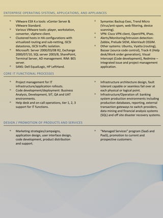 ENTERPRISE OPERATING SYSTEMS, APPLICATIONS, AND APPLIANCES

   ᵒ   VMware ESX 4.x tools: vCenter Server &           ᵒ   Symantec Backup Exec, Trend Micro
       VMware Standard.                                     (Virus/anti-spam, web filtering, device
   ᵒ   Various VMware tools: player, workstation,           scanning).
       converter, vSphere client.                       ᵒ   VPN: Cisco VPN client, OpenVPN, IPsec.
   ᵒ   Clustered hosts in HA configurations with        ᵒ   Alerts/Monitoring/Intrusion detection:
       virtualized routing and sub-netting, iSCSI           Zabbix, Prelude SIEM, AlienVault OSSIM.
       datastores, iSCSI traffic isolation.             ᵒ   Other systems: Ubuntu, Vyatta (routing),
   ᵒ   Microsoft: Server 2000/03/08 R2, Exchange            Bazaar (source code control), Track-It (Help
       2000/07/10, SQL server 2003/8, SharePoint,           desk/Work order generation), Visual
       Terminal Server, AD management. RIM: BES             Intercept (Code development), Redmine –
       server.                                              integrated issue and project management
   ᵒ   SANS: Dell EqualLogic, HP LeftHand.                  application.

CORE IT FUNCTIONAL PROCESSES

   ᵒ   Project management for IT                        ᵒ   Infrastructure architecture design, fault
       infrastructure/application rollouts.                 tolerant capable or seamless fail over at
   ᵒ   Code development/deployment: Business                each physical or logical point.
       Analysis, Development, SIT, QA and UAT           ᵒ   Infrastructure/Operation of: banking
       environments.                                        system production environments including
   ᵒ   Help desk and on-call operations, tier 1, 2, 3       production databases, reporting, external
       support for IT functions.                            transaction gateways to switch providers,
                                                            data mining and financial analysis systems
                                                            (SQL) and off site disaster recovery systems.

DESIGN / PROMOTION OF PRODUCTS AND SERVICES

   ᵒ   Marketing strategies/campaigns,                  ᵒ   “Managed Services” program (SaaS and
       application design, user interface design,           PaaS), promotion to current and
       code development, product distribution               prospective customers.
       and support.
 