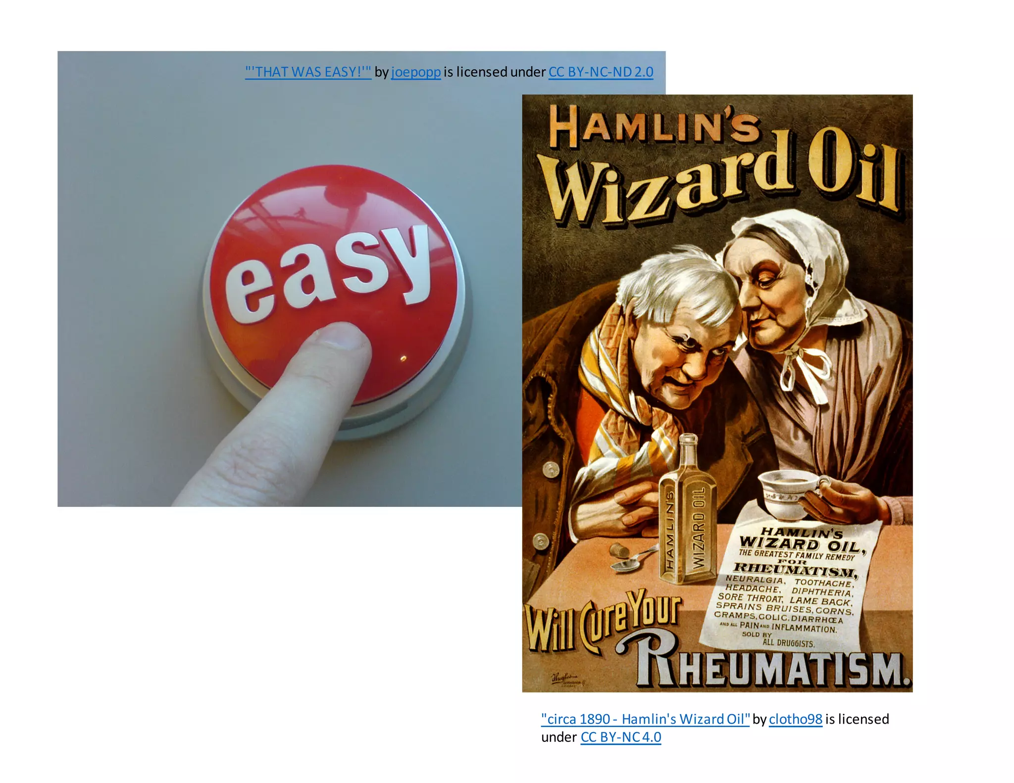 "circa	
  1890	
  -­‐ Hamlin's	
  Wizard	
  Oil"byclotho98 is	
  licensed	
  
under CC	
  BY-­‐NC	
  4.0
"'THAT	
  WAS	
  EASY!'" byjoepoppis	
  licensed	
  underCC	
  BY-­‐NC-­‐ND	
  2.0
 