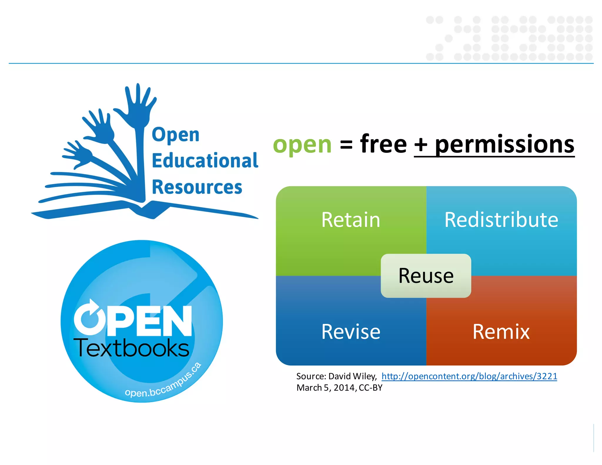 Retain Redistribute
Revise Remix
Reuse
Source:	
  David	
  Wiley,	
  	
  http://opencontent.org/blog/archives/3221
March	
  5,	
  2014,	
  CC-­‐BY
open =	
  free	
  +	
  permissions
 