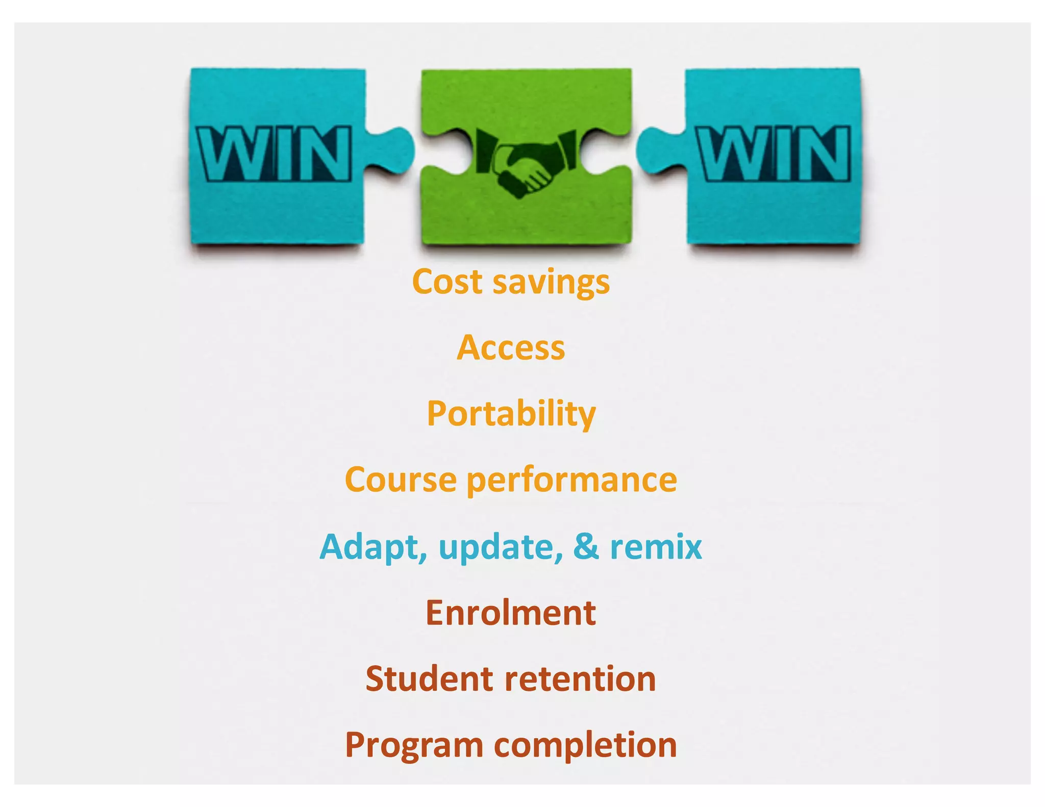 Cost	
  savings
Access
Portability
Course	
  performance
Adapt,	
  update,	
  &	
  remix
Enrolment
Student	
  retention
Program	
  completion
 