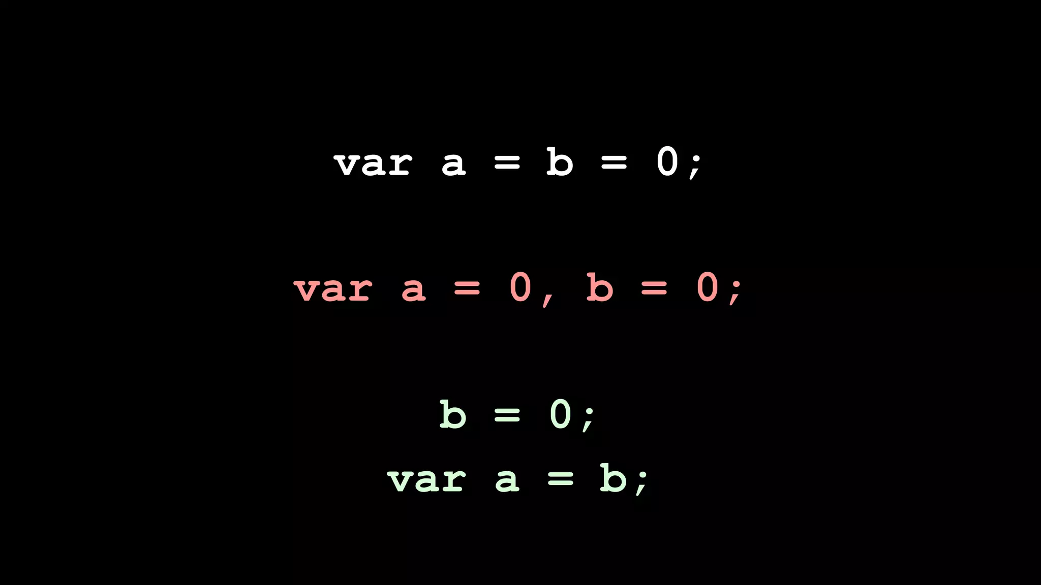 var a = b = 0;

var a = 0, b = 0;

     b = 0;
   var a = b;
 