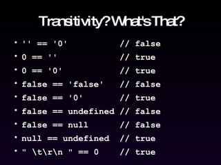 Transitivity? What's That? '' == '0'  // false 0 == ''  // true 0 == '0'  // true false == 'false'  // false false == '0'  // true false == undefined // false false == null  // false null == undefined  // true " \t\r\n " == 0  // true  