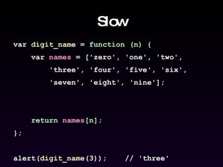 Slow var  digit_name  =  function (n) {   var  names  = ['zero', 'one', 'two',  'three', 'four', 'five', 'six',  'seven', 'eight', 'nine']; return  names [n]; }; alert( digit_name (3));  // 'three' 