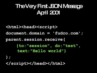 The Very First JSON Message April 2001 <html><head><script> document.domain = 'fudco.com'; parent.session.receive( {to:"session", do:"test",    text:"Hello world"} ); </script></head></html> 