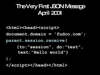 The Very First JSON Message April 2001 <html><head><script> document.domain = 'fudco.com'; parent.session.receive( {to:"session", do:"test",    text:"Hello world"} ); </script></head></html> 
