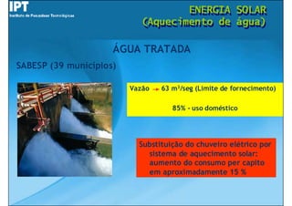 ENERGIA
                                    ENERGIA            SOLAR
                                                       SOLAR
                            (Aquecimento de
                            (Aquecimento de            água)
                                                       água)

                     ÁGUA TRATADA
SABESP (39 municípios)

                         Vazão   63 m3/seg (Limite de fornecimento)

                                    85% - uso doméstico




                           Substituição do chuveiro elétrico por
                             sistema de aquecimento solar:
                             aumento do consumo per capito
                             em aproximadamente 15 %
 