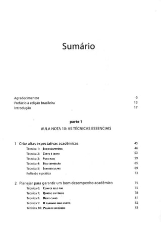 Sumário
Agradecimentos 6
Prefácio à edição brasileira 13
Introdução 17
parte 1
AULA NOTA 10: AS TÉCNICAS ESSENCIAIS
1 Criar altas expectativas académicas 45
Técnica 1: SEM ESCAPATÓRIA 46
Técnica 2: CERTO ÉCERTO 53
Técnica 3: PUXE MAIS 59
Técnica 4: BOAEXPRESSÃO 65
Técnica 5: SEM DESCULPAS 69
Reflexão e prática 73
2 Planejar para garantir um bom desempenho académico 75
Técnica 6: COMECE PELO FIM 75
Técnica 7: QUATRO CRITÉRIOS 78
Técnica 8: DEIXE CLARO 81
Técnica 9: O CAMINHO MAIS CURTO 82
Técnica 10: PLANEJE EMDOBRO 83
 