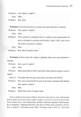 Criar altas expectativas académicas 51
Professor: João. Qual é o sujeito?
João: Mãe.
Professor: Boa, João.
l Formato3:Você dá uma pista; seu aluno usa-a para descobrir a resposta.
Professor: João, qual é o sujeito?
João: Feliz.
Professor: João, quando eu pergunto qual é o sujeito, estou perguntando de
quê ou de quem a sentença está falando. Agora, João, veja se isso
lhe ajuda a encontrar o sujeito.
João: Mãe.
Professor: Boa, João. O sujeito é mãe.
l Formato 4: Outro aluno dá a pista; o primeiro aluno usa-a para descobrir a
resposta.
Professor: João, qual é o sujeito?
João: Feliz.
Professor: Quem pode dizer ao João o que quero saber quando pergunto qual é o
sujeito?
Aluno 2: Você quer saber do que ou de quem a sentença está falando.
Professor: Sim, estou perguntando do que ou de quem a sentença está falando.
João, qual é o sujeito?
*
João: Mãe.
Professor: Muito bem, João. O sujeito é mãe.
Uso a palavra pista para indicar uma dica que oferece mais informação
útil ao aluno, de umjeito que o induz a seguir o processo correio de raciocínio.
Uma simples dica, em comparação, poderia oferecer qualquer informação.
Se eu pergunto "Alguém pode dar uma dica ao João para ajudá-lo a desco-
brir o sujeito?", um aluno pode dizer "Começa com a letra m". Esta dica
 